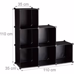 Détails sur l’étagère escalier 6 compartiments • Dimensions H x l x P: 110 x 110 x 35 cm • Dimensions par cube H x l x P: 35  ...