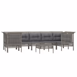 Salon de jardin meuble d exterieur ensemble de mobilier 8 pieces avec coussins gris resine tressee