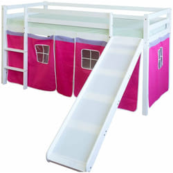 Lit mezzanine 90x200cm avec échelle toboggan en bois blanc et toile rose rouge LIT06114