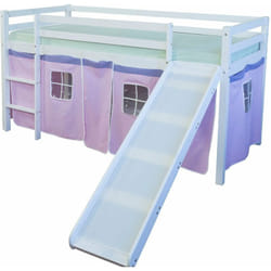 Lit mezzanine 90x200cm avec échelle toboggan en bois blanc et toile rose LIT06116