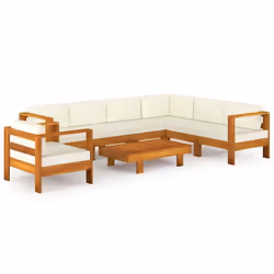 Ensemble de mobilier de jardin - Acacia - 8 pièces - Coussins blanc cassé - Durable - Confortable