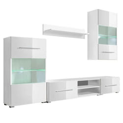 Meuble tele buffet tv television design pratique mural avec eclairage led 5 pieces blanc