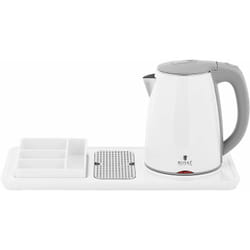 Plateau de courtoisie hôtel haut de gamme avec bouilloire électrique avec compartiments pour café et thé 1,2 litres 1 800 watts acier inoxydable blanc
