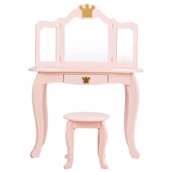 Coiffeuse pour enfants - Rose - Miroir à trois volets - MDF et pin - 1 tiroir de rangement - Tabouret inclus