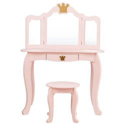 Coiffeuse pour enfants - Rose - Miroir à trois volets - MDF et pin - 1 tiroir de rangement - Tabouret inclus