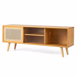 Meuble TV - Naturel - 4 Compartiments - 2 Portes Coulissantes - Verre Trempé - Pieds en Bois Massif