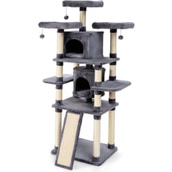 Arbre à chat griffoir 60 x 50 x 170 cm avec poteaux planche à gratter 3 perchoirs en peluche 2 niches 3 peluches suspendues