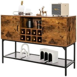 Buffet cuisine avec casier à vin 9 bouteilles meuble de rangement industriel avec 2 armoires à portes compartiment ouvert brun rustique