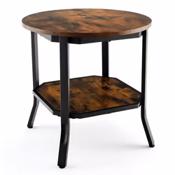 Table basse - Industrielle - Ronde - 2 niveaux - Bois rustique - Patins réglables