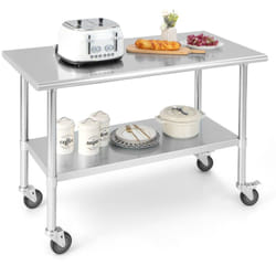 Table plan de travail cuisine à roulettes en acier inoxydable à 2 niveaux avec étagère inférieure réglable charge max 250 kg