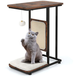 2 en 1 arbre à chat 64cm griffoir pompon suspendu coussin amovible structure en forme de c style industriel café