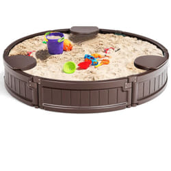 Helloshop26 - Bac à sable enfant rond 120 x 120 x 21 cm en plastique avec couvercle etanche bâche intégrée sièges doublure inférieure marron