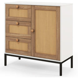 Buffet en faux rotin armoire basse d'appoint avec 1 porte avec étagères et 3 tiroirs table console autoportante bohème pour cuisine salon blanc