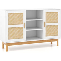 Buffet moderne 120 cm meuble de rangement avec 2 portes tressées en bambou 3 étagères ouvertes table console d'appoint armoire basse blanc