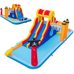 Château gonflable en forme boîte avec toboggan aquatique & mur d'escalade charge 90 kg pour 3 enfants de 3-10 ans 693 x 295 x 263 cm sans souffleur