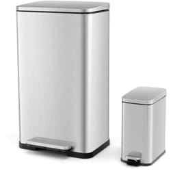 Ensemble de deux poubelles à pédale de 40 et 6 litres poubelles en acier inoxydable avec seaux intérieurs détachables argent