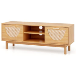 Helloshop26 - Meuble tv jusqu'à 55' table console multimédia moderne etagères ouvertes tiroirs tissés en bambou centre de divertissement blanc et