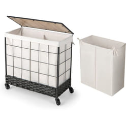 Panier à linge avec roulettes verrouillables panier à linge robuste de 130 l avec couvercle en bois sac à doublure amovible divisé