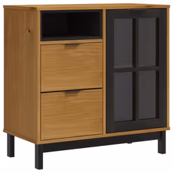 Buffet bahut - Bois de pin - 80 x 40 x 80 cm - 1 porte vitrée - 2 tiroirs - Style classique