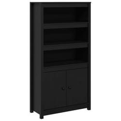Buffet haut - Bois de pin massif - Noir - 80 x 35 x 154 cm - 3 compartiments ouverts - 2 portes