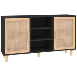 Buffet bahut commode armoire meuble de rangement organisateur cuisine salle de séjour salon 105 x 30 x 60 cm bois de pin massif et rotin naturel noir