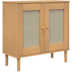 Buffet bahut commode armoire meuble de rangement organisateur cuisine salle de séjour salon aspect rotin 80 x 35 x 80 cm bois massif de pin marron