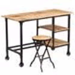 Bureau - Vintage - Bois de manguier massif - 2 étagères - Pliable - Avec tabouret