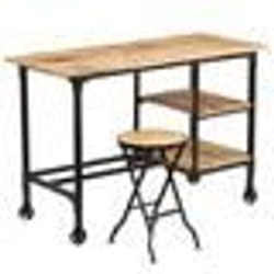 Bureau - Vintage - Bois de manguier massif - 2 étagères - Pliable - Avec tabouret