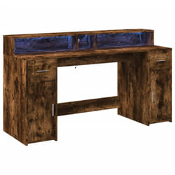Bureau table poste de travail meuble d'ordinateur informatique étude et lumières led chêne fumé 160 x 55 x 91cm bois d'ingénierie brun