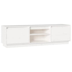 Meuble TV - Bois de pin massif - 140 x 35 x 40 cm - Blanc - 2 compartiments ouverts - 2 portes