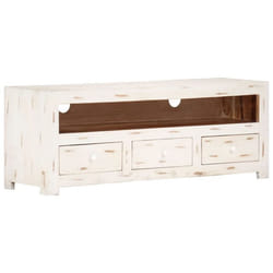 Meuble TV - Non spécifié - Bois massif dacacia - 3 tiroirs - 110 x 30 x 40 cm - Blanc