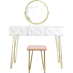 Helloshop26 - Coiffeuse avec tabouret et miroir pivotant moderne 100 cm rond blanc doré
