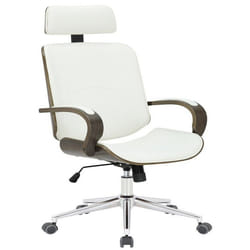 Chaise de bureau dossier et l appuie tête en metal PVC blanc et cadre en bois gris 10_0002456