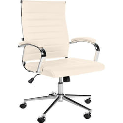 Fauteuil de bureau - Cuir véritable - Crème - Ergonomique - Réglable - Pieds en métal chromé