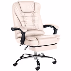 Fauteuil de bureau ergonomique genereusement rembourree avec repose pieds en PVC creme et metal chrome 10_0002566