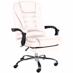 Fauteuil de bureau ergonomique - Design - Similicuir blanc - Repose-pieds télescopique - Support métal chromé