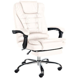 Fauteuil de bureau ergonomique - Design - Similicuir blanc - Repose-pieds télescopique - Support métal chromé
