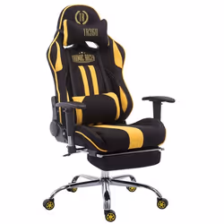 Fauteuil de bureau chaise gamer avec repose pieds extensible en tissu noir / jaune et metal chrome 10_0002741