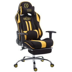 Fauteuil de bureau chaise gamer avec repose pieds extensible en tissu noir / jaune et metal chrome 10_0002741