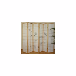 Paravent 6 panneaux en bois pliable Matériaux et couleur: Structure : bois Panneaux : papier de riz Motif feuilles de bambou  ...