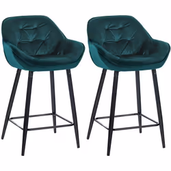 Tabourets de bar - Non spécifié - Lot de 2 - Velours vert foncé - Métal noir - Dossier confortable