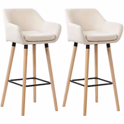 Tabourets de bar - Design Scandinave - Lot de 2 - Tissu Beige - Pieds en Bois - Repose-pieds Métal