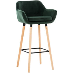 Tabouret de bar lounge x1 design scandinave assise en velours vert pieds en bois repose-pieds en métal 100004911