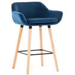 Tabouret de bar - Design Scandinave - Velours Bleu - Pieds en Bois - Repose-pieds en Métal - Confortable