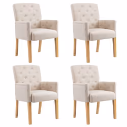 Lot de 4 chaises de salle a manger avec accoudoirs en tissu beige capitonne et pieds en bois DEC025460