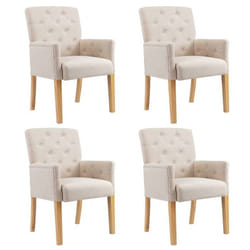 Lot de 4 chaises de salle a manger avec accoudoirs en tissu beige capitonne et pieds en bois DEC025460