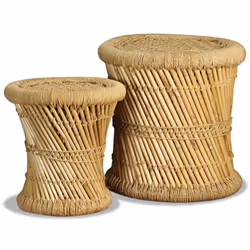 Tabouret - DECORATION - Lot de 2 - Bambou et Jute - Design Rustique - Empilable