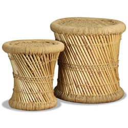 Tabouret - DECORATION - Lot de 2 - Bambou et Jute - Design Rustique - Empilable