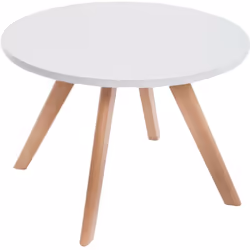 Table basse, table d'appoint avec 4 pieds en bois Plateau rond Couleur du plateau: blanc mat Piètement en bois clair Protège- ...