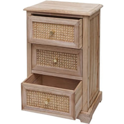 Commode avec 3 tiroirs en bois et rotin avec boutons décoratifs en métal 63x40x28 cm 040006509